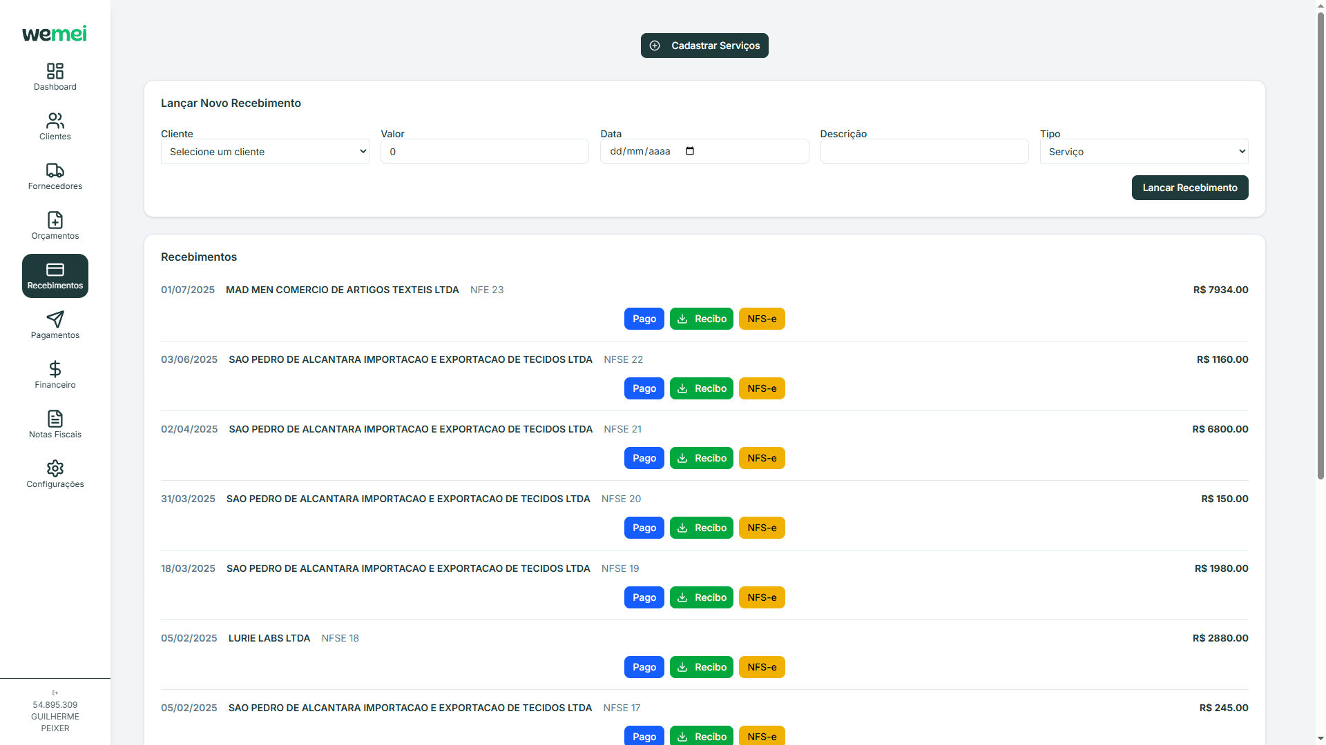 Tela de Recebimentos